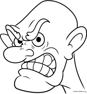 Black and white line art of a cartoon character with a furrowed brow and an angry expression, designed for children to color.