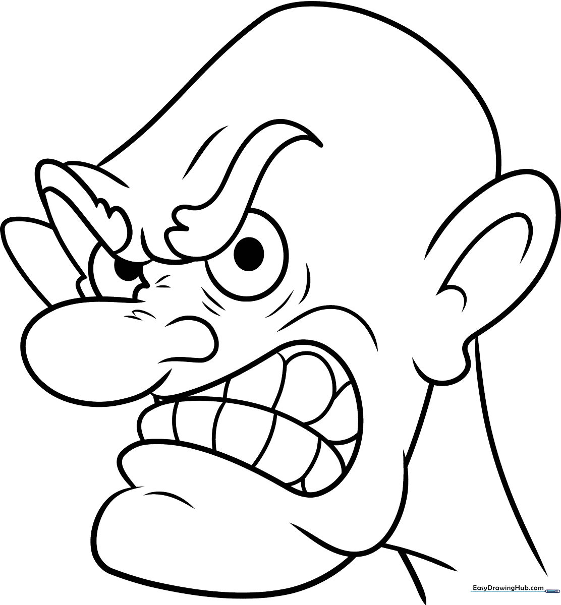 Black and white line art of a cartoon character with a furrowed brow and an angry expression, designed for children to color.