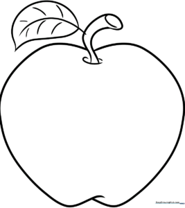 Black and white line art of a smiling cartoon apple with a leaf, designed for children to color.