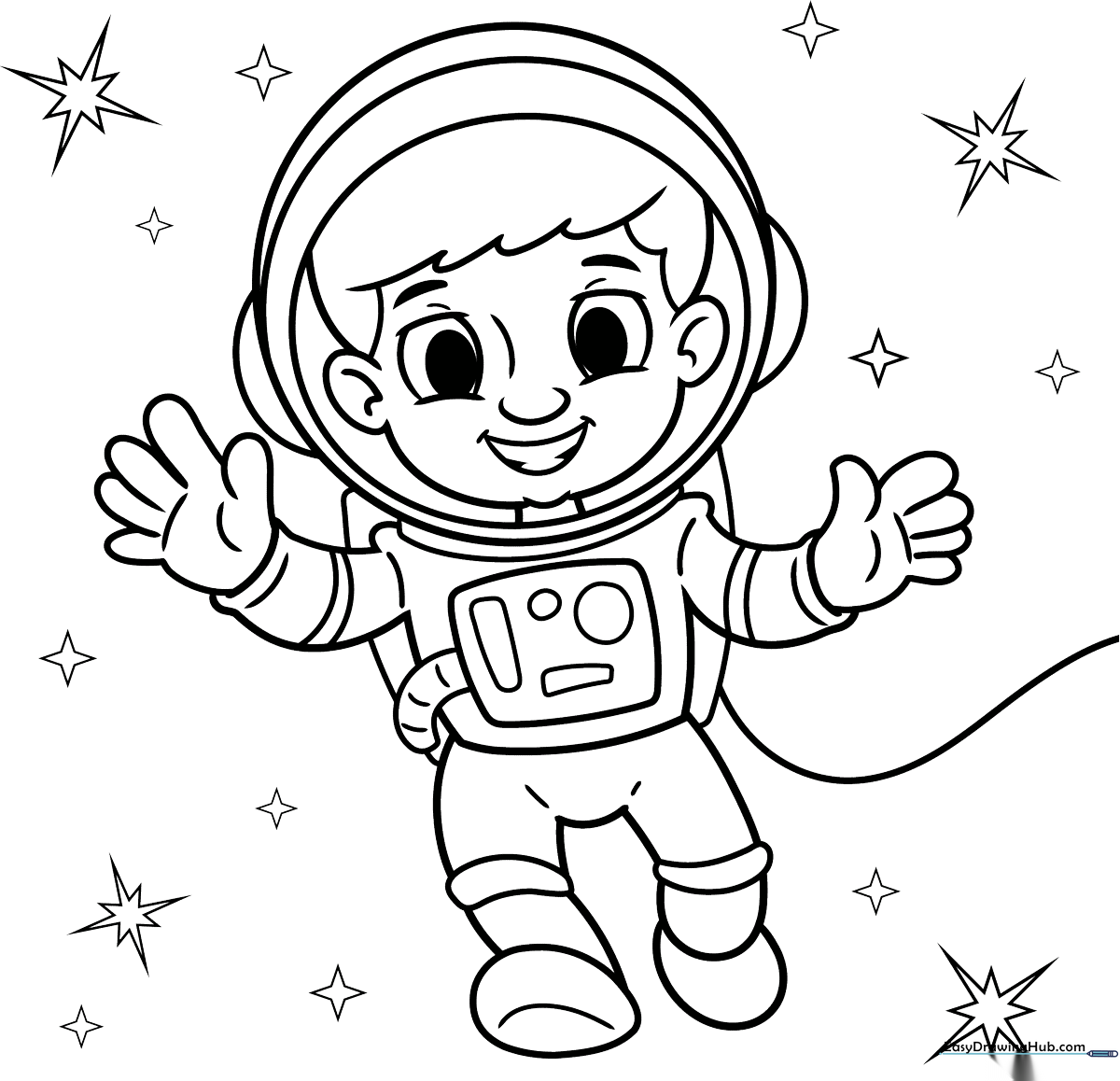 A friendly cartoon astronaut in a space suit with a large helmet, ready for coloring on a white background.