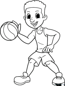 Black and white line art of a cartoon basketball player holding a ball, designed for children to color.