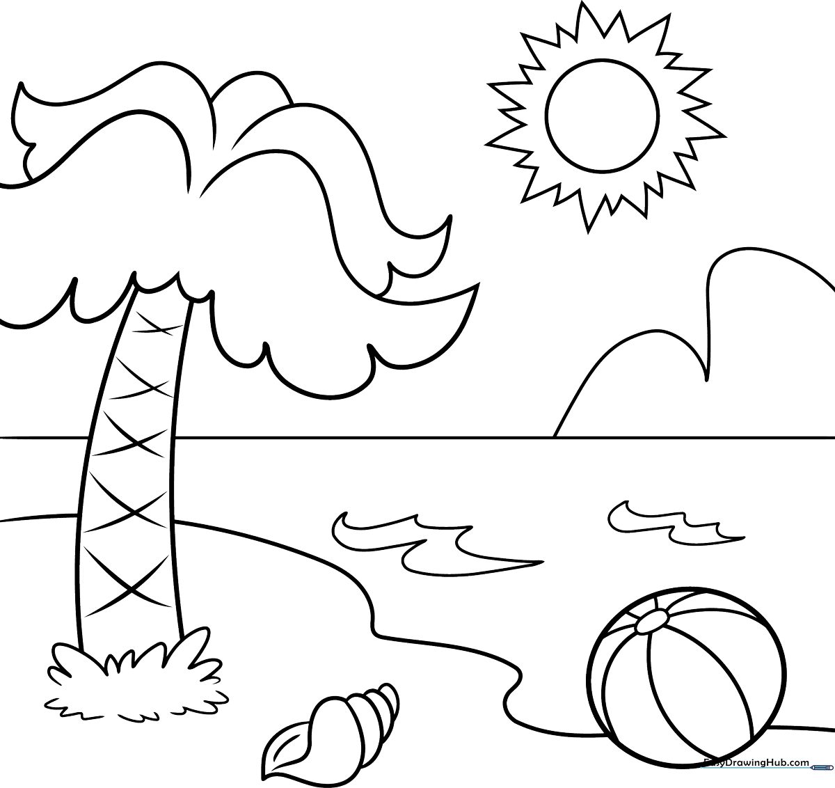 A black and white line art illustration of a cartoon beach featuring a sandy shore, gentle waves, and a bright sun, ready for children to color.