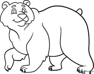 Black and white line art of a smiling cartoon bear with rounded ears, perfect for children to color with crayons or markers.