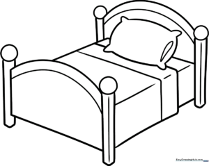 Line art illustration of a cozy cartoon bed with a fluffy pillow and quilt, designed for children to color.