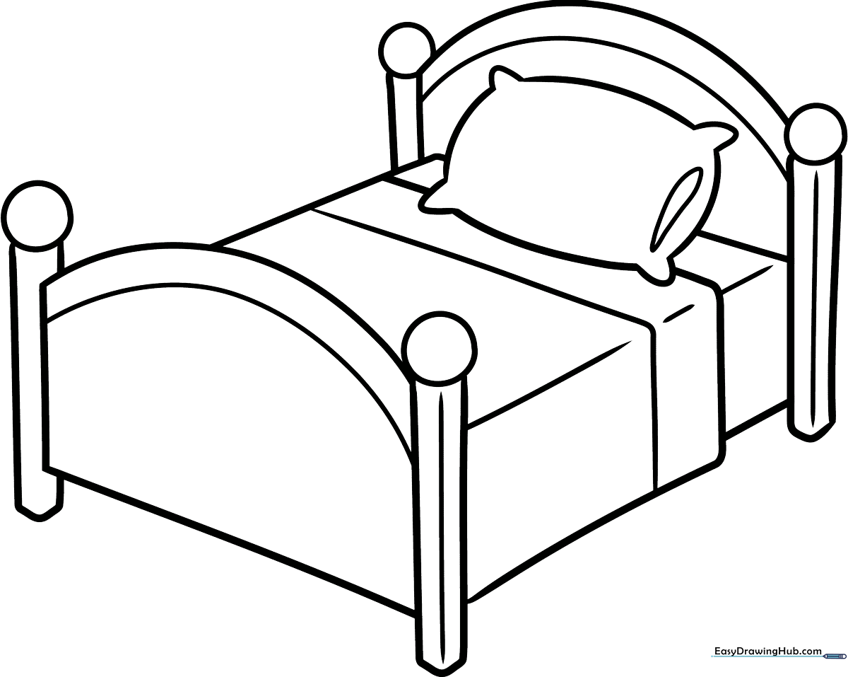Line art illustration of a cozy cartoon bed with a fluffy pillow and quilt, designed for children to color.
