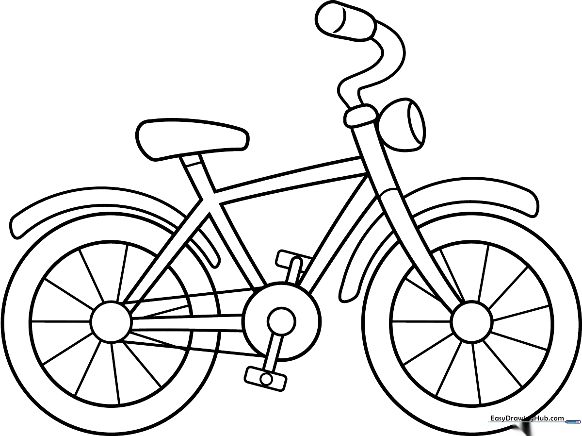 A clean, bold-lined cartoon bicycle illustration on a white background, designed for children to color with crayons or markers.