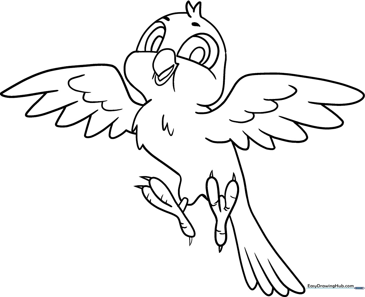 A clean, bold-lined cartoon bird illustration featuring large expressive eyes and rounded wings, ready for children to color with markers or crayons.