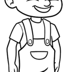 Black and white line art of a friendly cartoon boy standing, designed for children to color with markers or crayons.