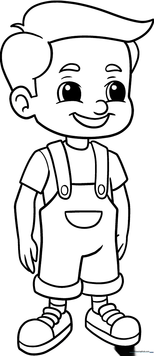 Black and white line art of a friendly cartoon boy standing, designed for children to color with markers or crayons.