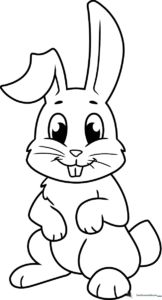 Black and white line art of a friendly cartoon bunny with large ears, perfect for children to color with crayons or markers.