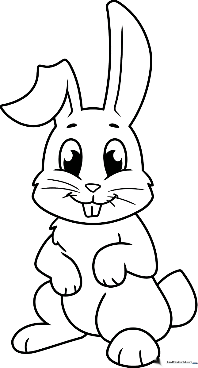Black and white line art of a friendly cartoon bunny with large ears, perfect for children to color with crayons or markers.
