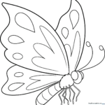 A friendly cartoon butterfly with large, symmetrical wings and simple, bold outlines, designed for children to practice coloring within the lines.