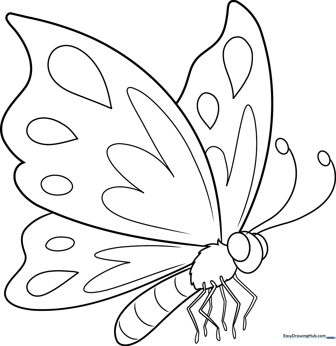 A friendly cartoon butterfly with large, symmetrical wings and simple, bold outlines, designed for children to practice coloring within the lines.