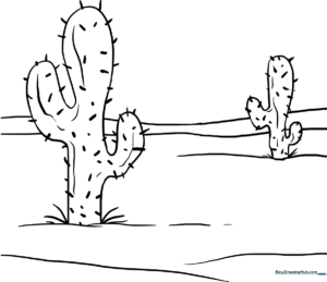 Black and white line art of a smiling cartoon cactus in a pot, featuring bold outlines for easy coloring by children.