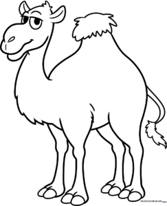 Black and white line art of a friendly cartoon camel with a large hump and smiling expression, ready for coloring.
