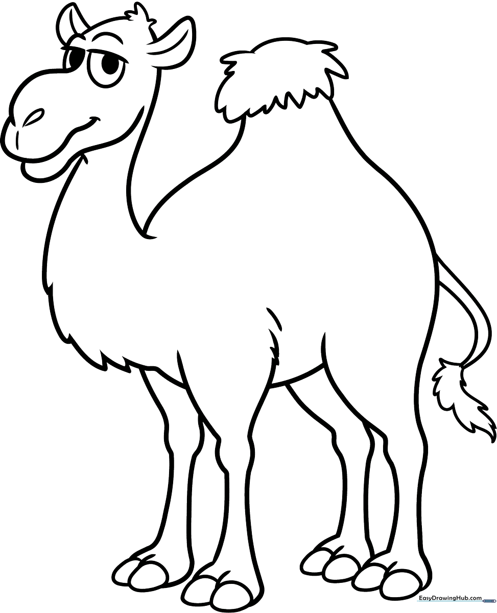 Black and white line art of a friendly cartoon camel with a large hump and smiling expression, ready for coloring.