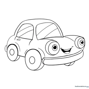Simple line art of a friendly cartoon car with large wheels and a smiling windshield, designed for children to color.
