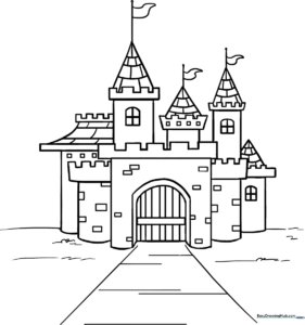 Black and white line art of a cartoon castle with tall towers and a drawbridge, designed for children to color.