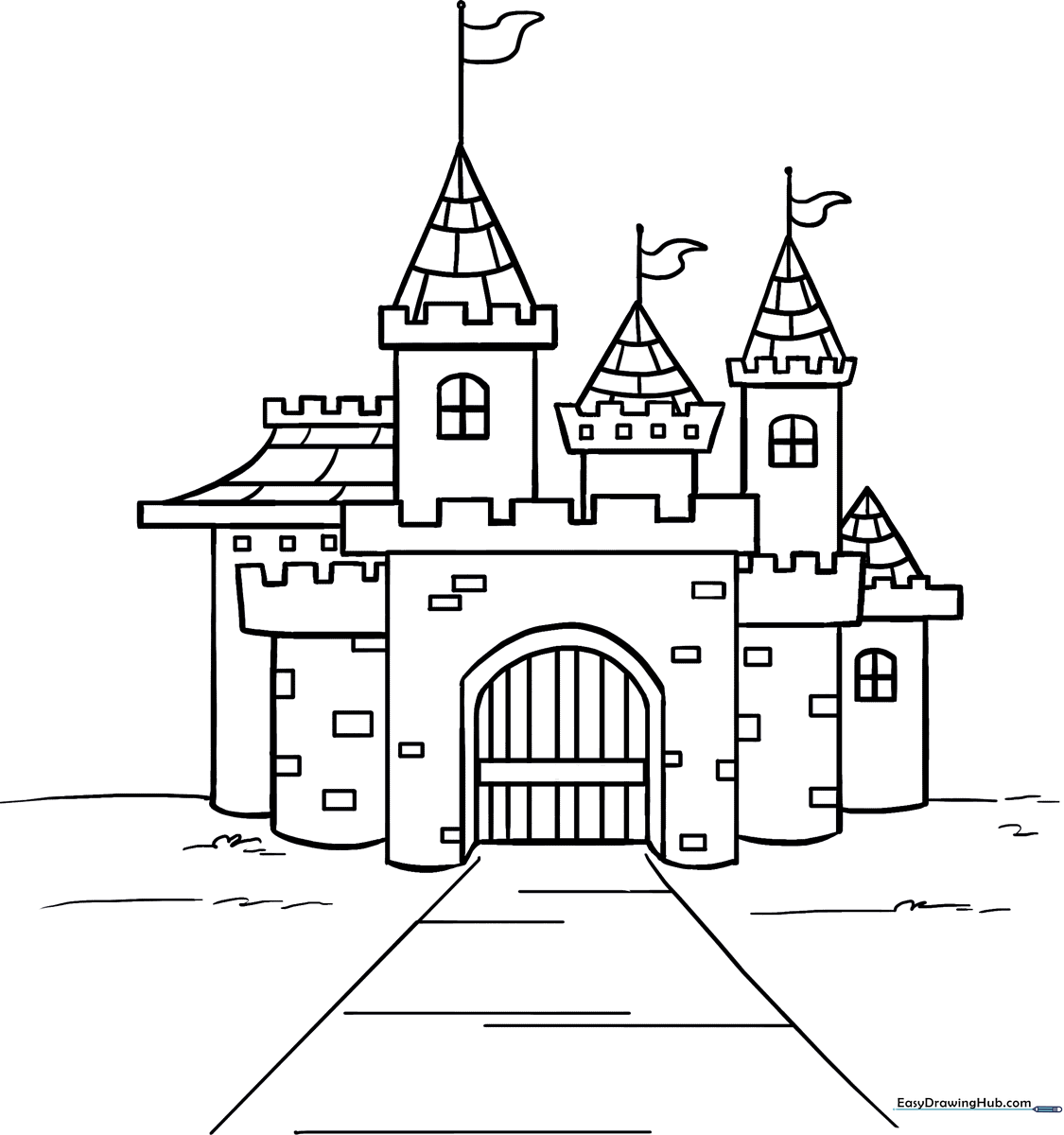 Black and white line art of a cartoon castle with tall towers and a drawbridge, designed for children to color.