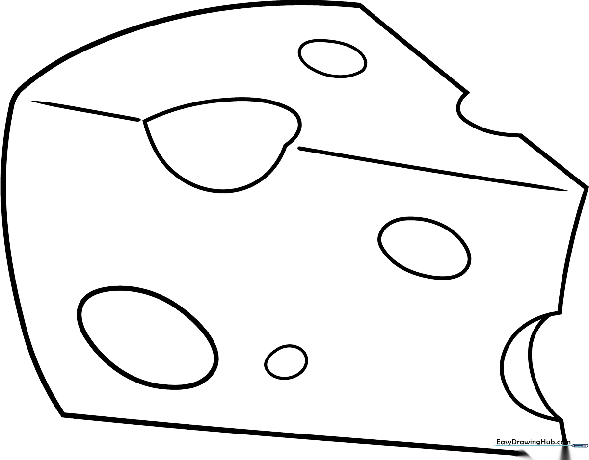 A simple black and white line art illustration of a wedge of Swiss cheese with holes, designed for children to color.