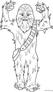 Black and white line art of a friendly cartoon Chewbacca standing with his signature bandolier, ready for coloring.
