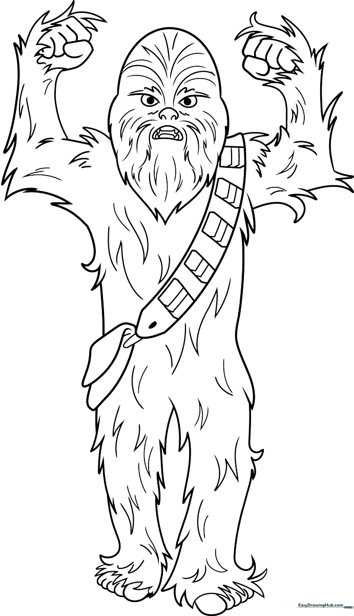 Black and white line art of a friendly cartoon Chewbacca standing with his signature bandolier, ready for coloring.