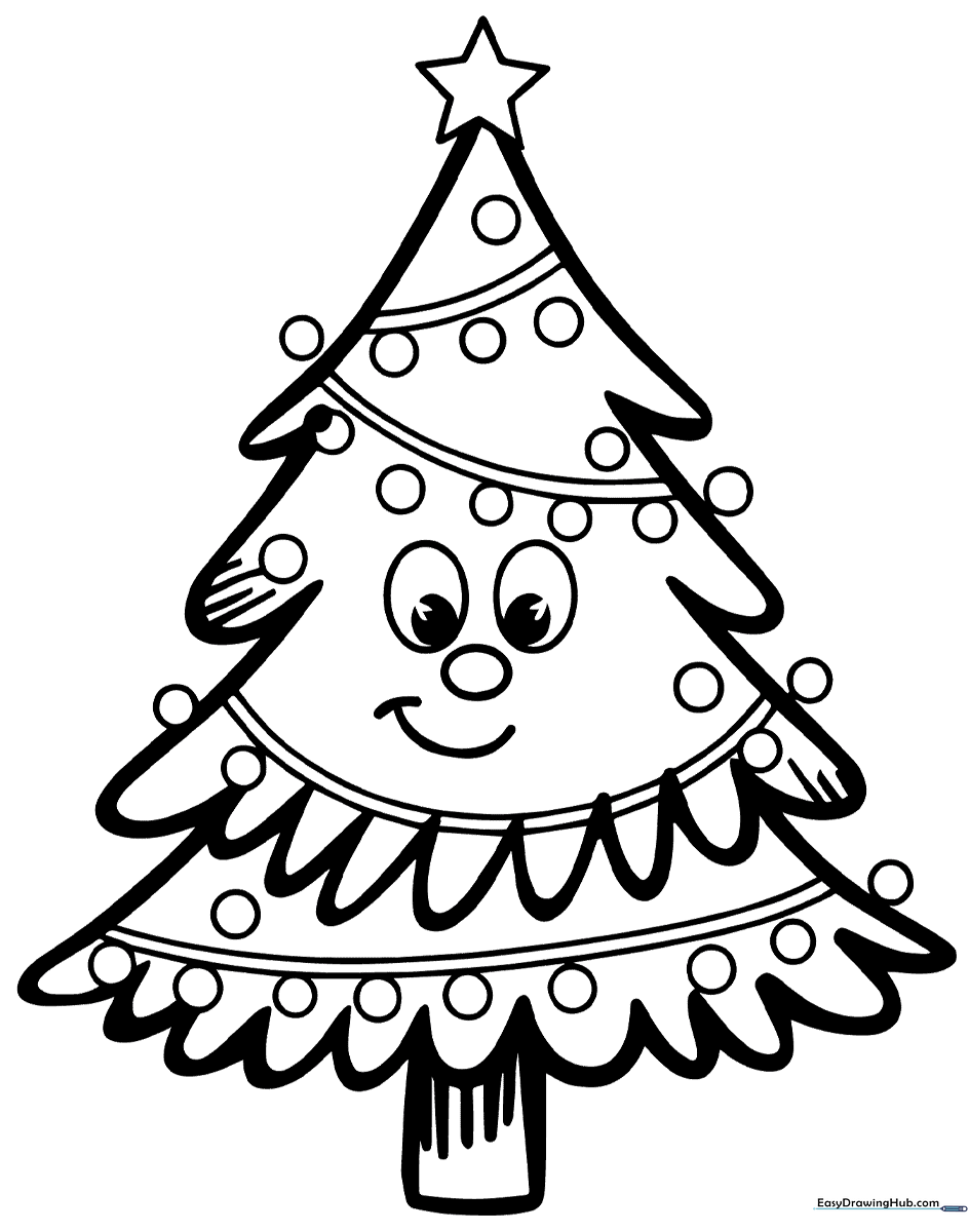 Black and white line art of a smiling Christmas tree with large eyes and a star topper, ready for children to color.