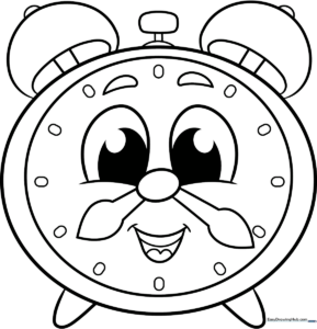 Black and white line art of a friendly cartoon clock with a smiling face, large numerals, and bold hands, ready for coloring.