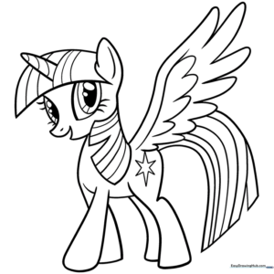 Line art of Twilight Sparkle from My Little Pony, featuring her unicorn horn and flowing mane, ready for coloring.