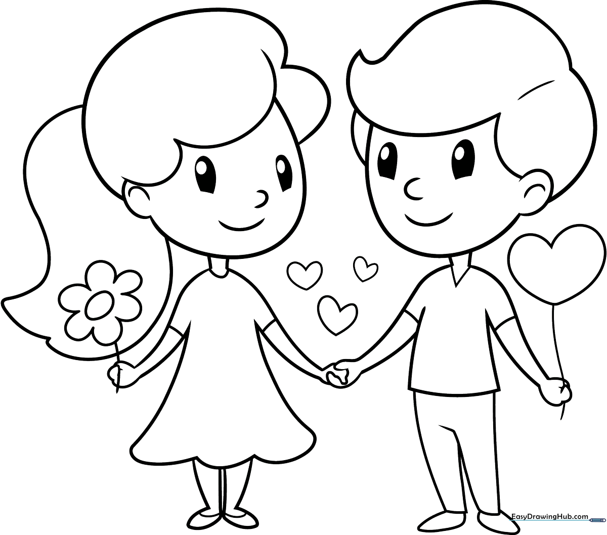 Black and white line art of a smiling cartoon couple holding hands, designed for children to color with markers or crayons.