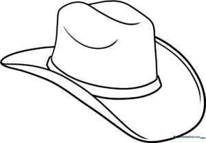 Black and white line art of a classic cartoon cowboy hat with a curved brim and a decorative band, ready for coloring.