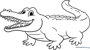 A friendly cartoon crocodile with a wide smile and rounded scales, outlined in bold black lines for easy coloring by children.