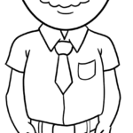 Black and white line art of a friendly cartoon father figure with clear outlines, designed for children to color with markers or crayons.