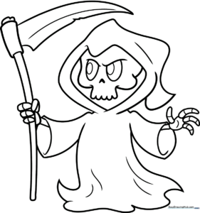 Black and white line art of a friendly cartoon grim reaper character with a hooded cloak and scythe, ready for coloring.