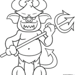 Black and white line art of a friendly cartoon devil with horns and a pointed tail, designed for children to color with markers or crayons.