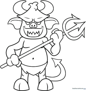 Black and white line art of a friendly cartoon devil with horns and a pointed tail, designed for children to color with markers or crayons.