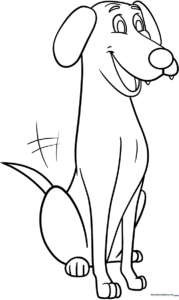 Black and white line art of a friendly cartoon dog with large ears and a happy expression, ready for children to color.