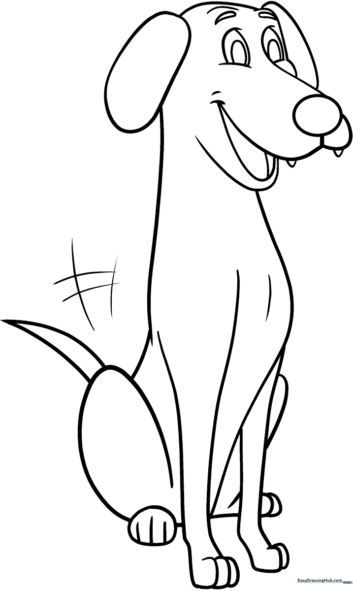Black and white line art of a friendly cartoon dog with large ears and a happy expression, ready for children to color.