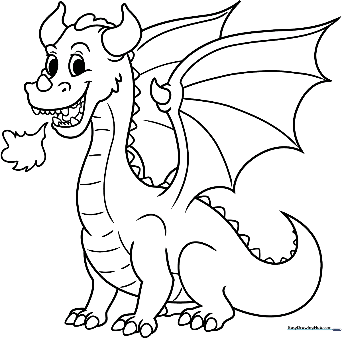 Black and white line art of a friendly cartoon dragon with large wings and a smiling expression, ready for coloring.