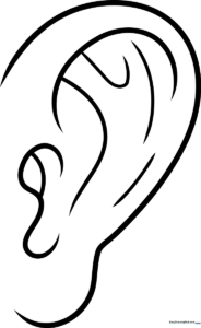 Black and white line art of a cartoon ear featuring clear, bold outlines for easy coloring by children.