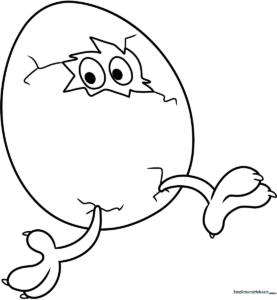 A friendly cartoon egg character with large expressive eyes and a simple oval shape, ready for children to color with crayons or markers.