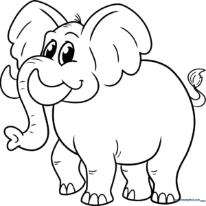 Black and white line art of a smiling cartoon elephant with large ears and a curled trunk, optimized for children's coloring activities.