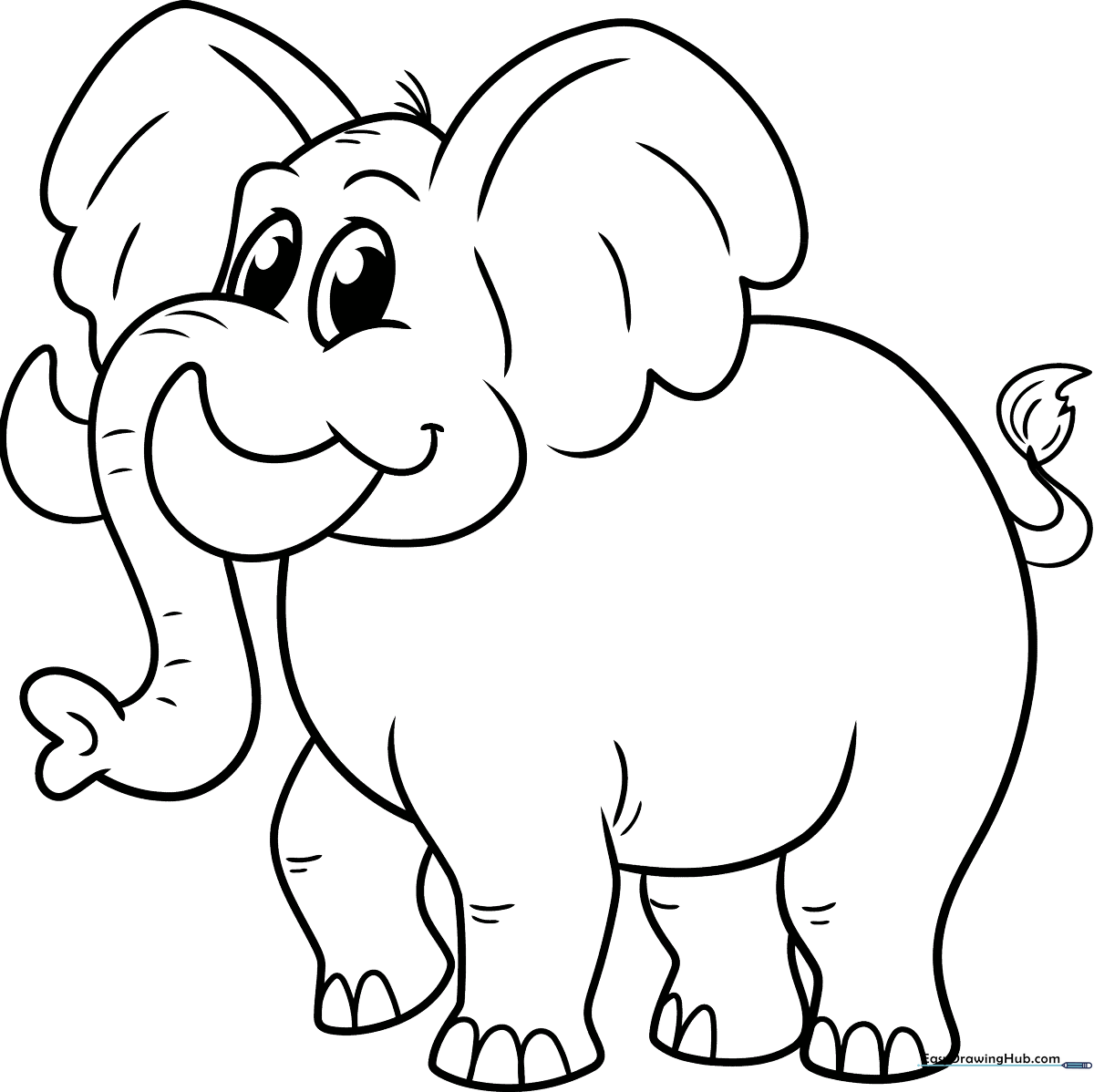 Black and white line art of a smiling cartoon elephant with large ears and a curled trunk, optimized for children's coloring activities.