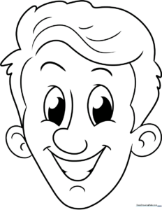 Black and white line art of a friendly cartoon face with large eyes and a simple expression, ready for children to color.