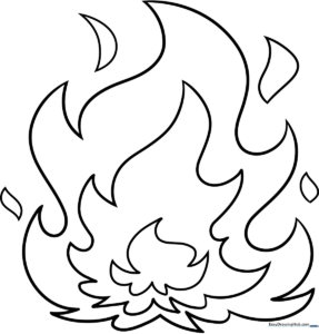 Black and white line art of a stylized cartoon flame with rounded, friendly edges, ready for coloring.