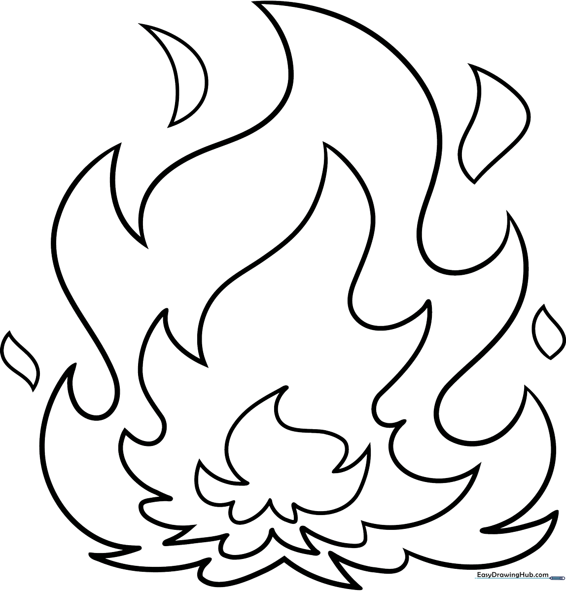 Black and white line art of a stylized cartoon flame with rounded, friendly edges, ready for coloring.