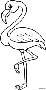 A clean, bold-lined cartoon flamingo illustration featuring a long curved neck and standing on one leg, designed for easy coloring by children.