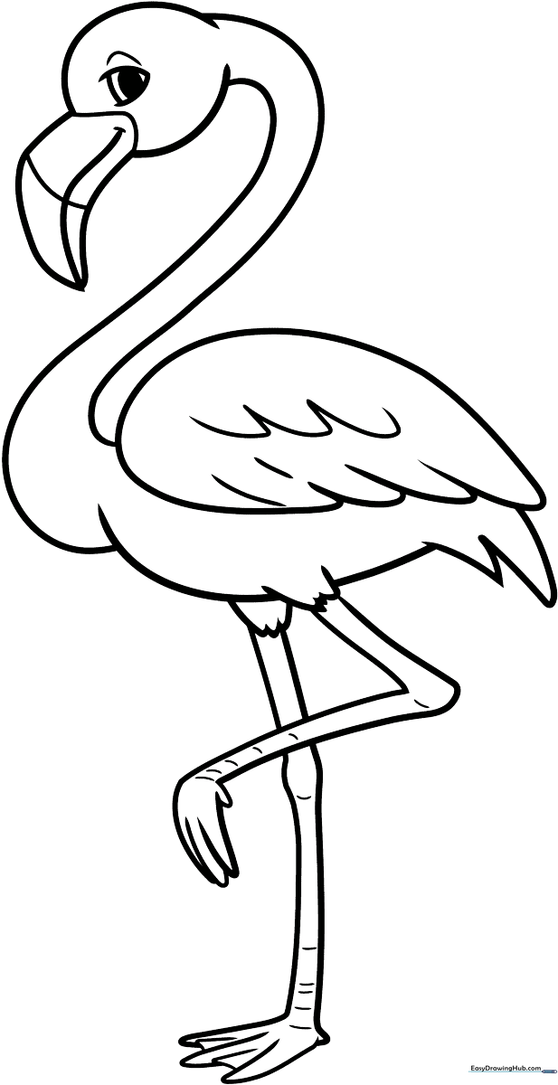 A clean, bold-lined cartoon flamingo illustration featuring a long curved neck and standing on one leg, designed for easy coloring by children.