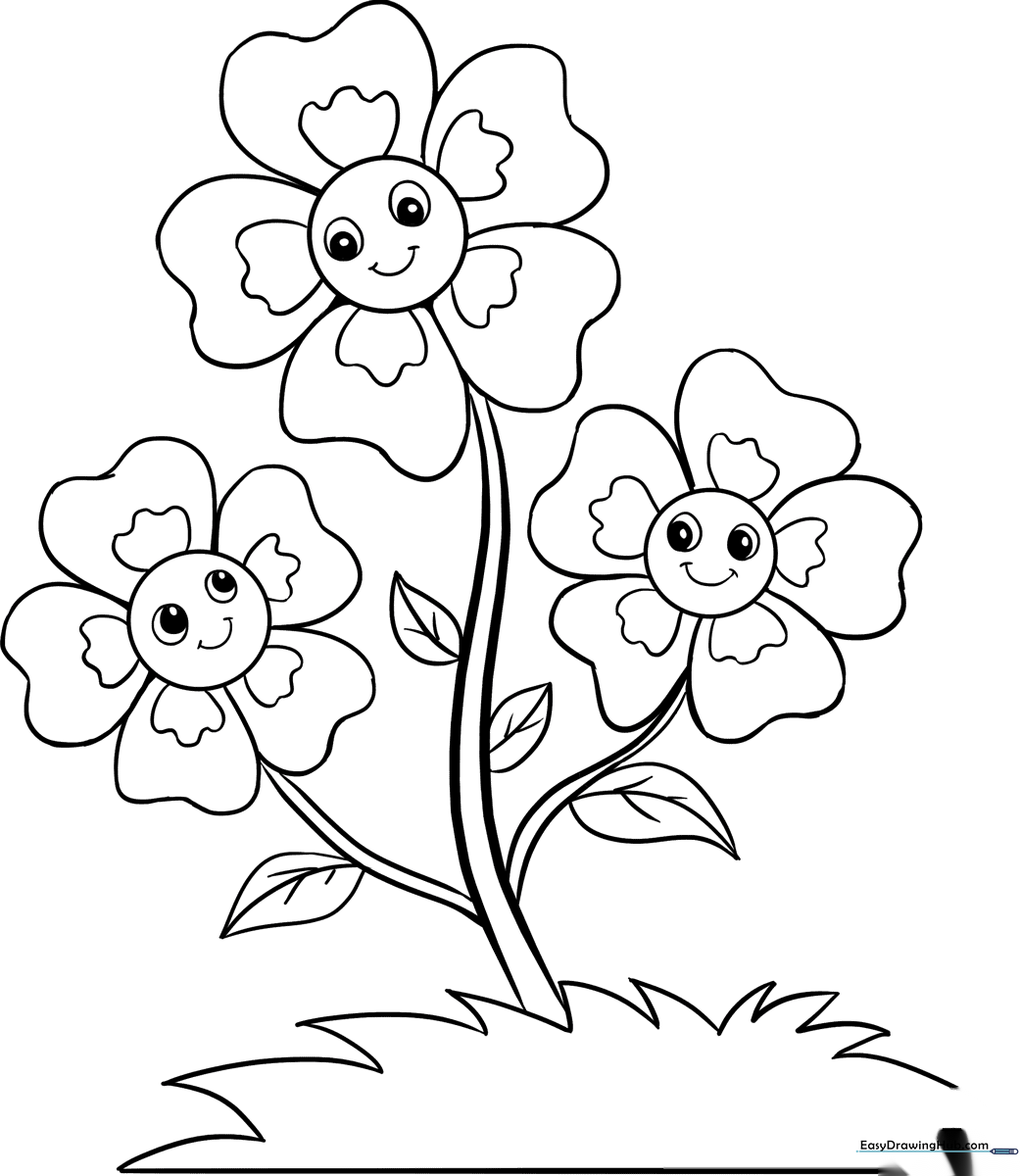 Black and white line art of smiling cartoon flowers with large petals and stems, ready for children to color.
