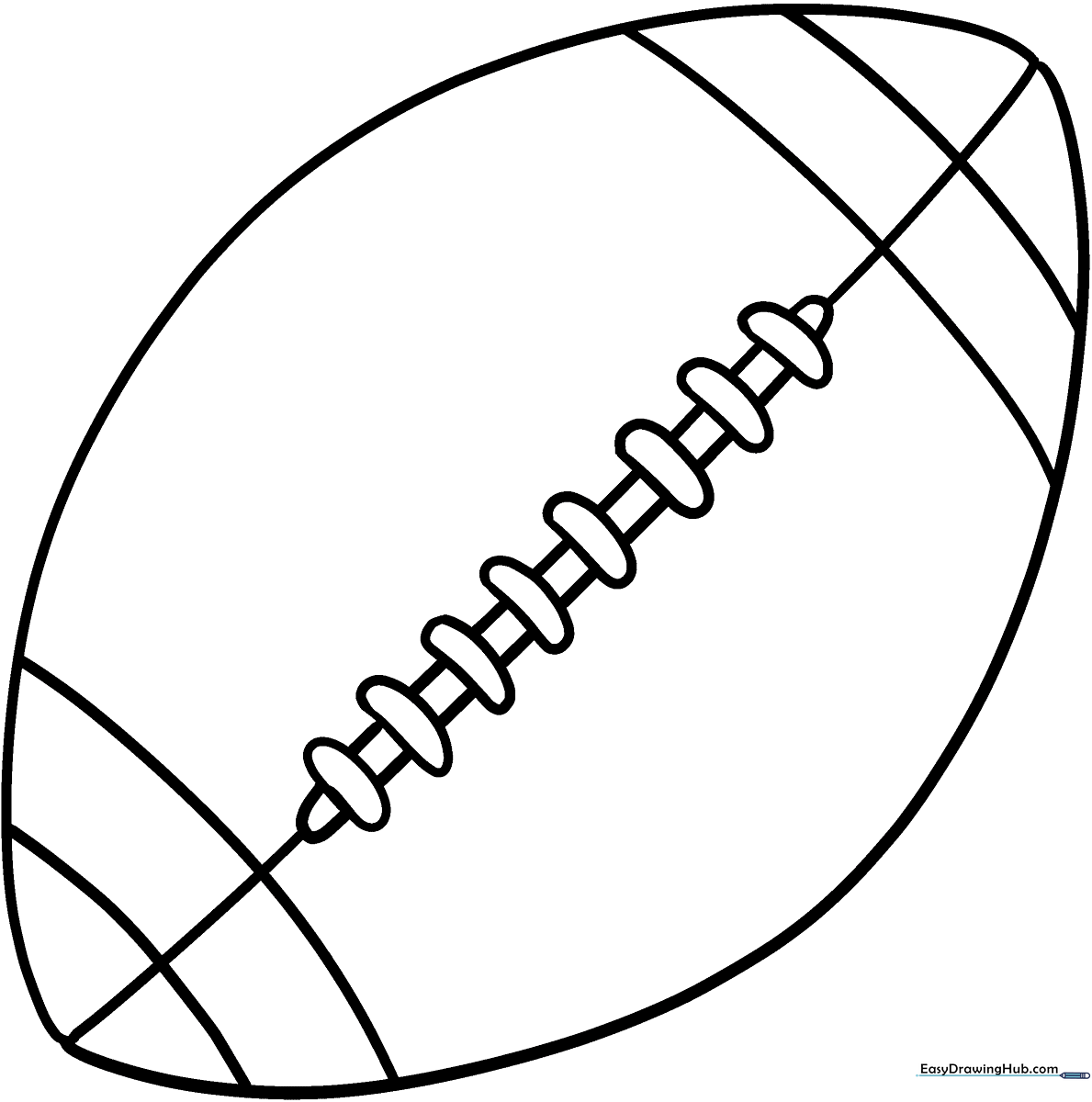 A clean, bold-line cartoon football coloring page featuring classic stitching details, perfect for preschool and elementary art practice.